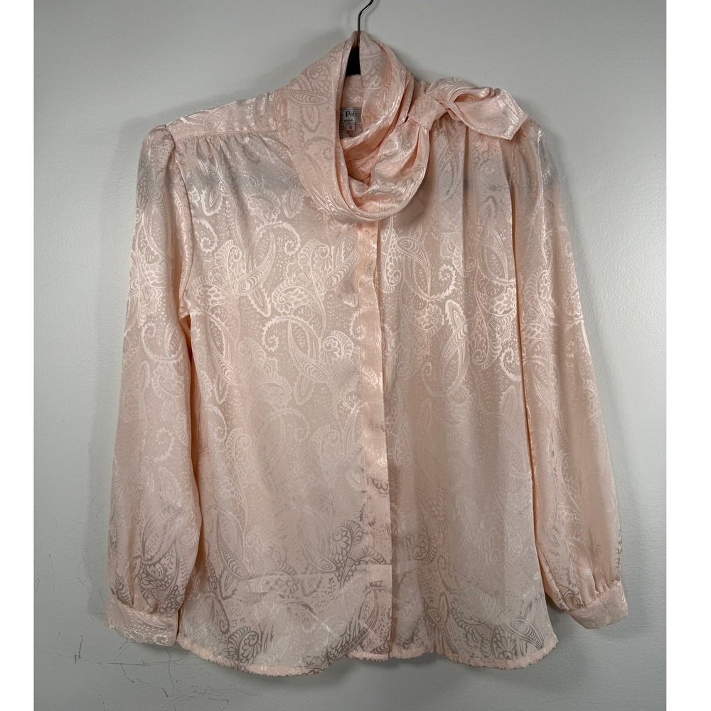 La‎ Chine 6 Petites Galinda Wang Peach Paisley Jacquard Tie Neck Blouse Vintage